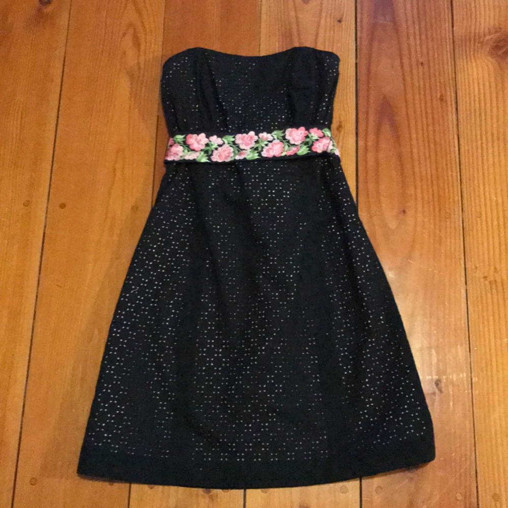 Shoshanna Black & Pink Eyelet Strapless Dress
